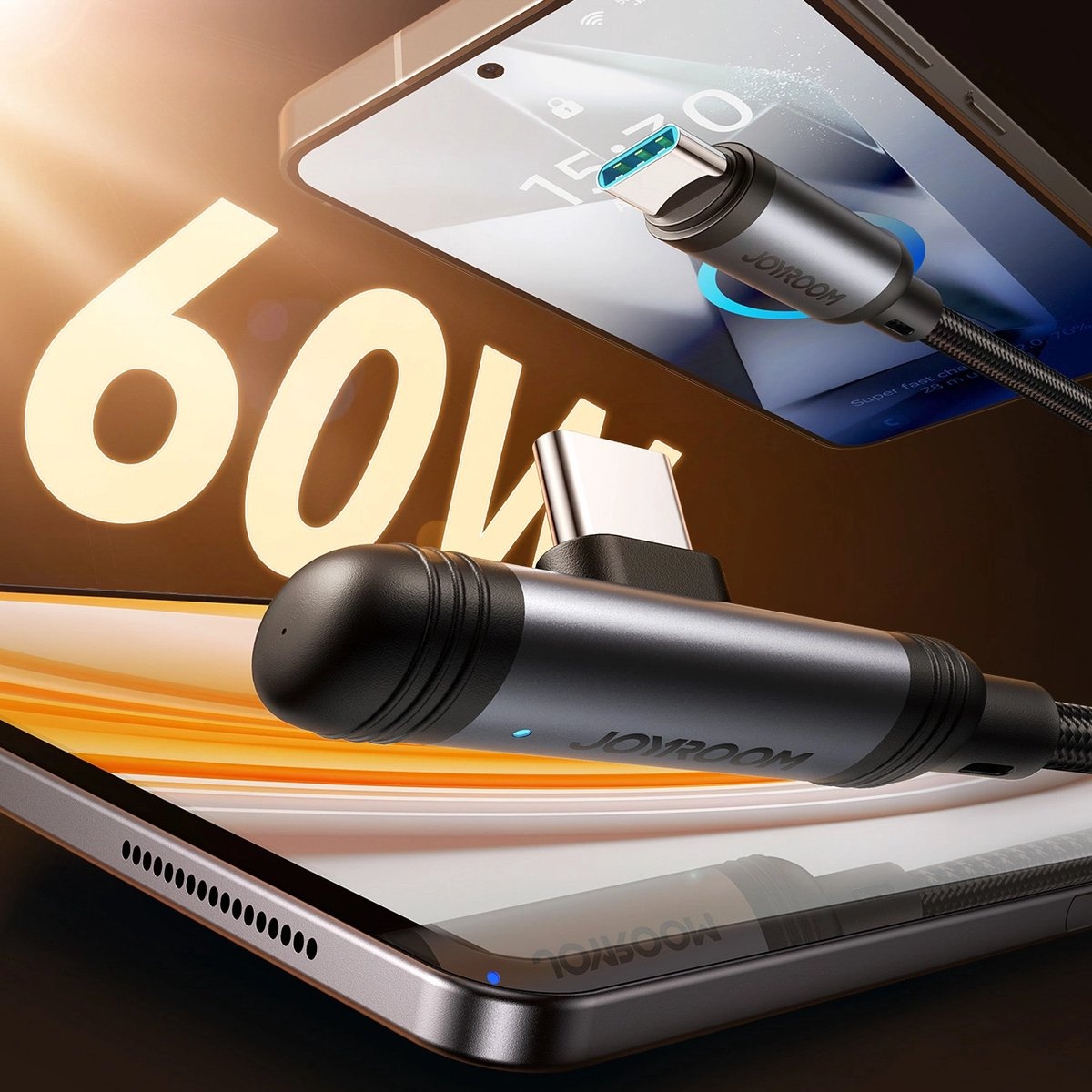 Joyroom 60W USB‑C Snellader Kabel - 1,2 m met 90° Haakse Connector - Zwart