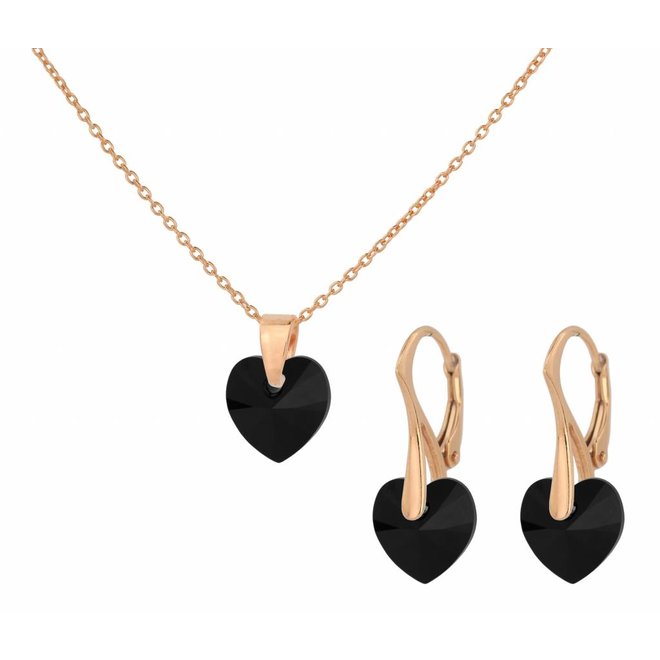 Sieraden set zwart Swarovski kristal hartje - roséverguld - ARLIZI 1606 - Eva