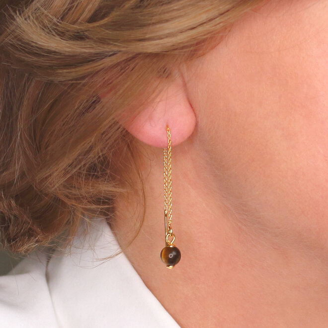 Earrings pull through tiger eye gemstone bead - gold plated - ARLIZI 2274 - Amelie
