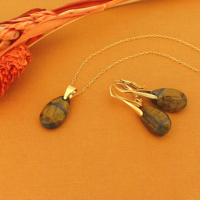 Sieraden set tijgeroog edelsteen druppel hanger -verguld - ARLIZI 2258 - Romy