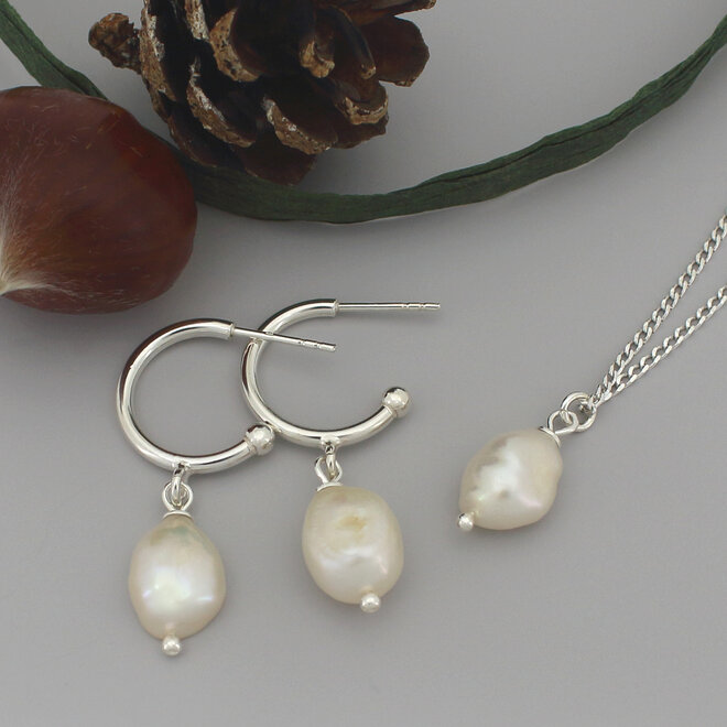 Earrings cream fresh water pearl pendant - sterling silver - ARLIZI 2259 - Coraline