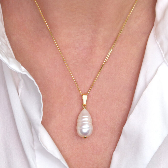 Necklace white ribbed fresh water pearl pendant - gold plated -  ARLIZI 2300 - Coraline