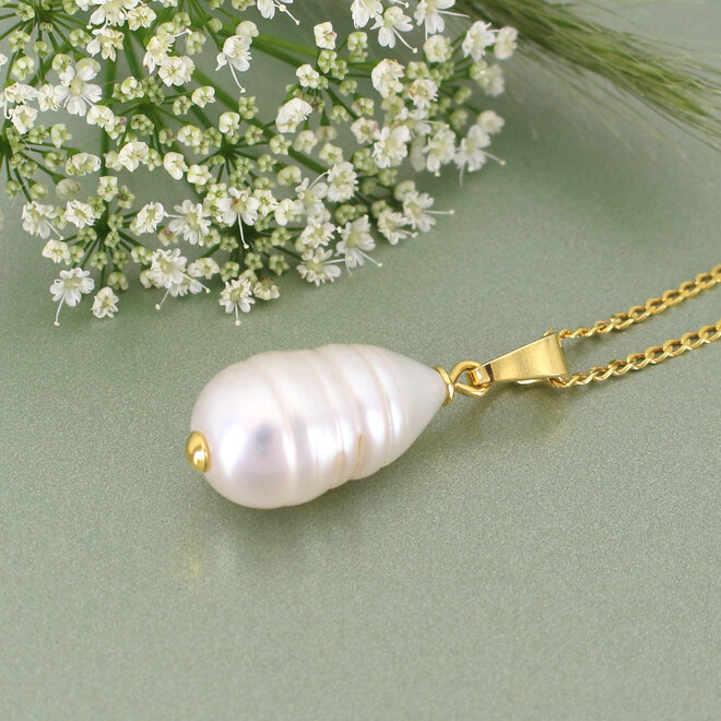 Necklace white ribbed fresh water pearl pendant - gold plated -  ARLIZI 2300 - Coraline