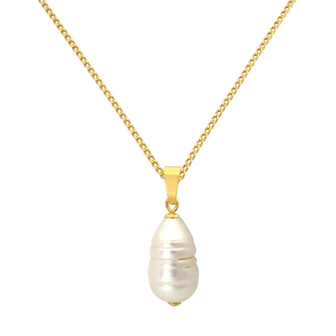 Ketting witte ribbel parel hanger verguld - 2300
