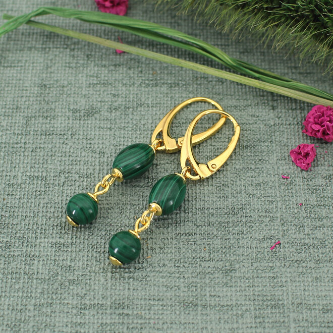 Oorbellen malachiet kralen oorhangers - sterling zilver verguld - ARLIZI 2313 - Verde