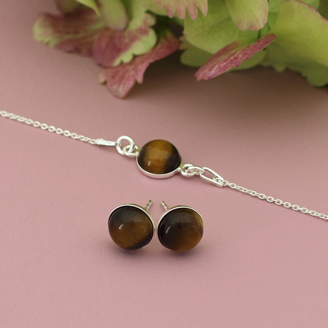 Earrings tiger's eye cabochon ear studs - sterling silver - ARLIZI 2306 - Joy