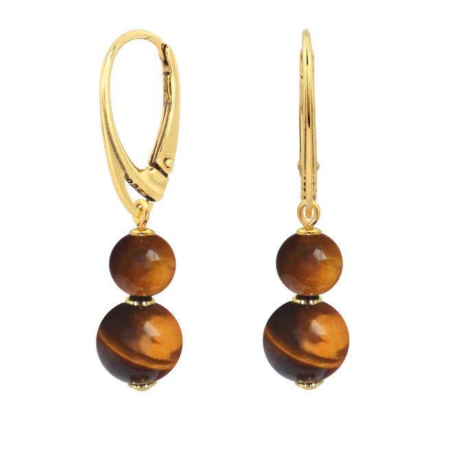 Oorbellen tijgeroog hanger verguld - 2336
