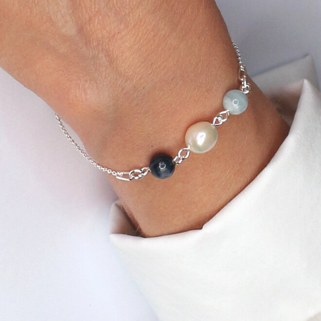 Armband oorbellen aquamarijn kyaniet parel kralen - sterling zilver - ARLIZI 2483 - Ariël