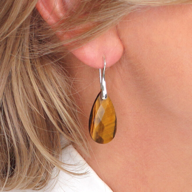 Oorbellen tijgeroog druppel hanger large - sterling zilver - ARLIZI 2518 - Amelie