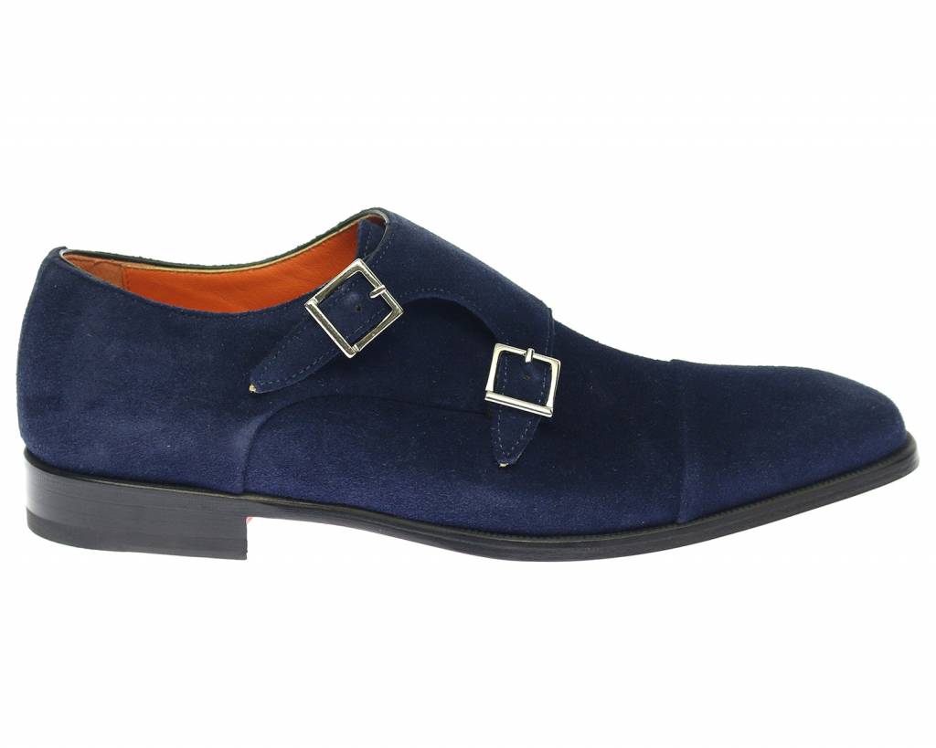 Blauwe suede dubbele gespschoen - LEEDER Classics | Luxe herenschoenen