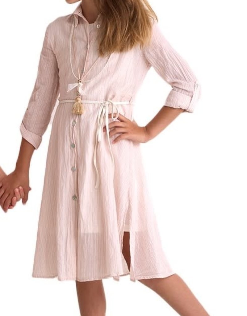 Diamante Blu doorknoop jurk met kraag fijne strepen roze wit(zonder onderjurk)