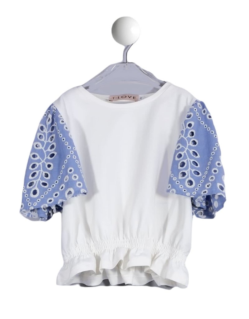 T-love T-shirt wit mouw broderie jeansblauw