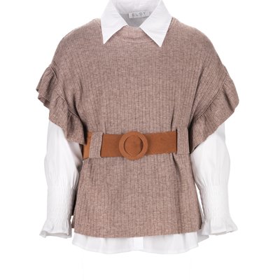 Elsy tricot zand camel top met ceintuur