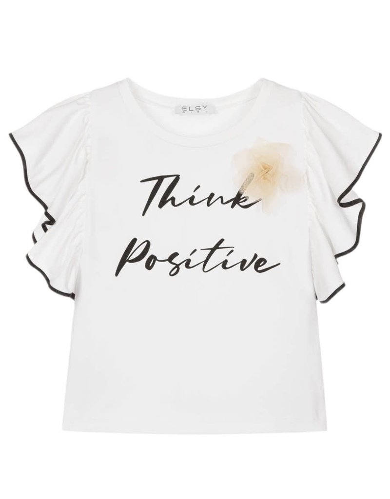 Elsy t-shirt wit  think positive zwart brede mouw