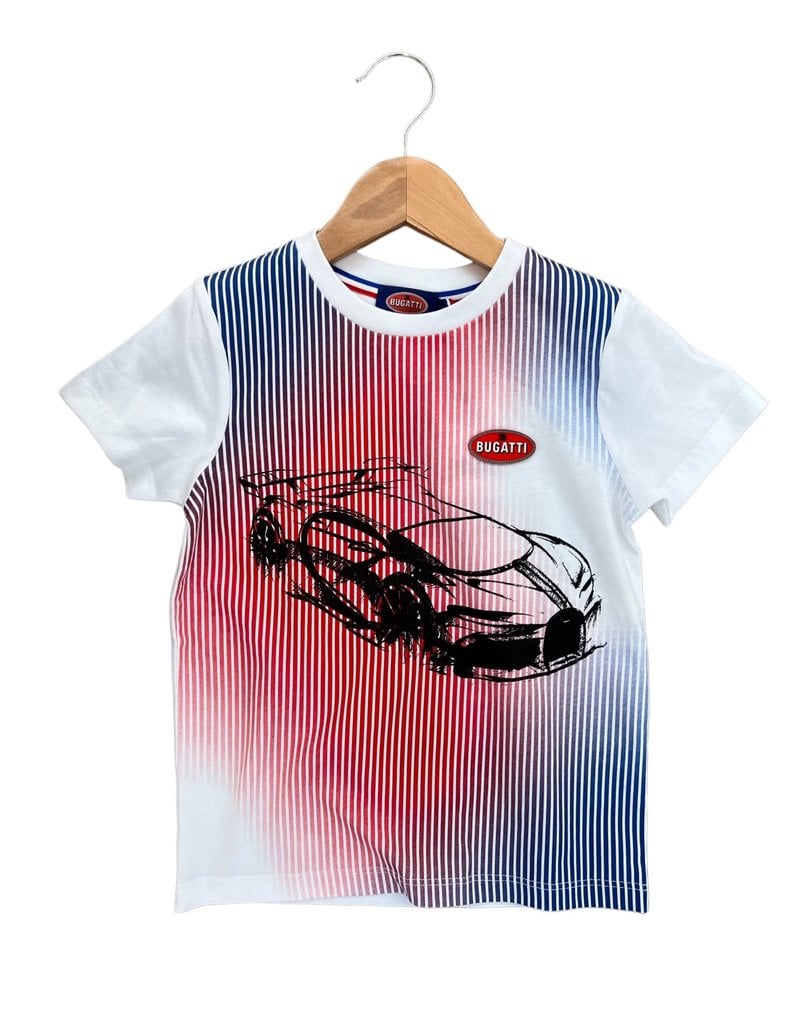 Bugatti wit t-shirt met rood blauwe strepen en autoprint