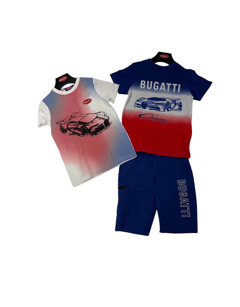 Bugatti wit t-shirt met rood blauwe strepen en autoprint