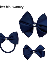 Prinsessefin haarspeld strik Made rib groot glittersteentje donkerblauw