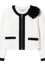 Twinset ecru neopreen jurk met zwarte bies en bloem.