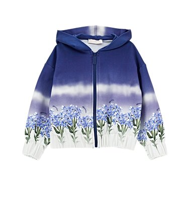 Monnalisa gilet met kap en rits in blauw met bloemen