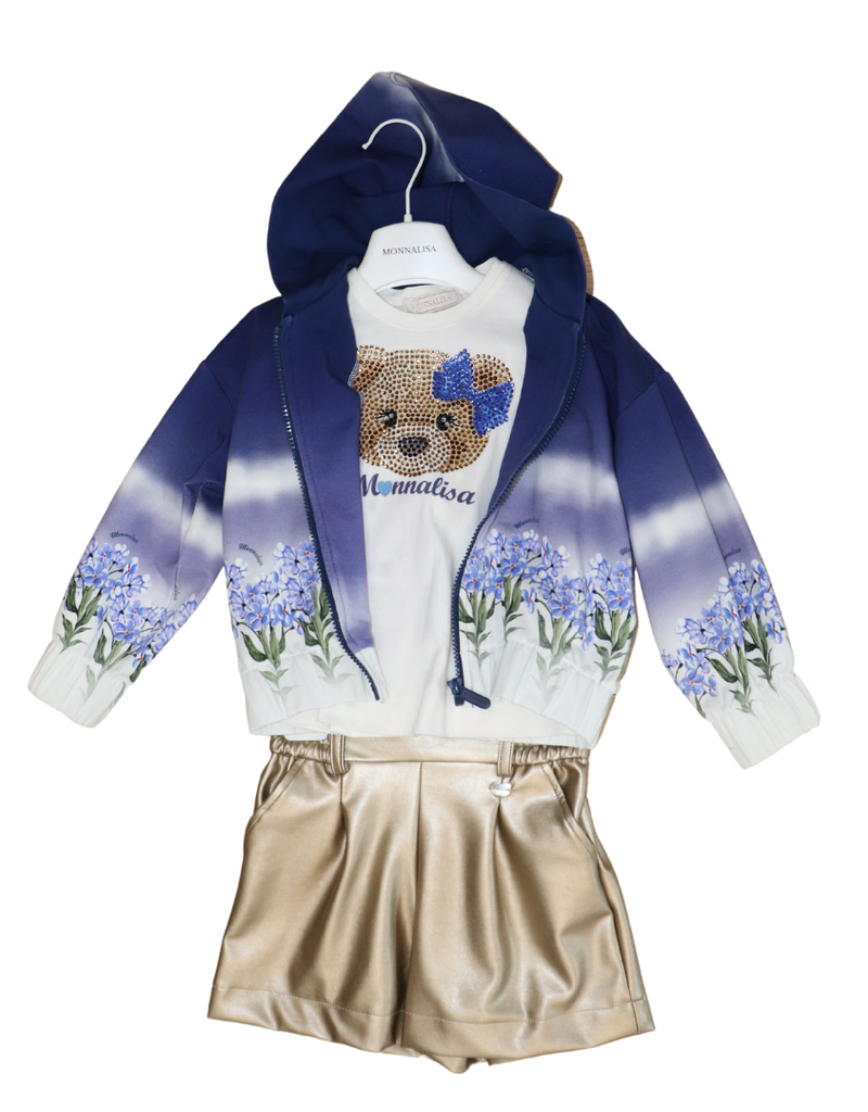 Monnalisa gilet met kap en rits in blauw met bloemen