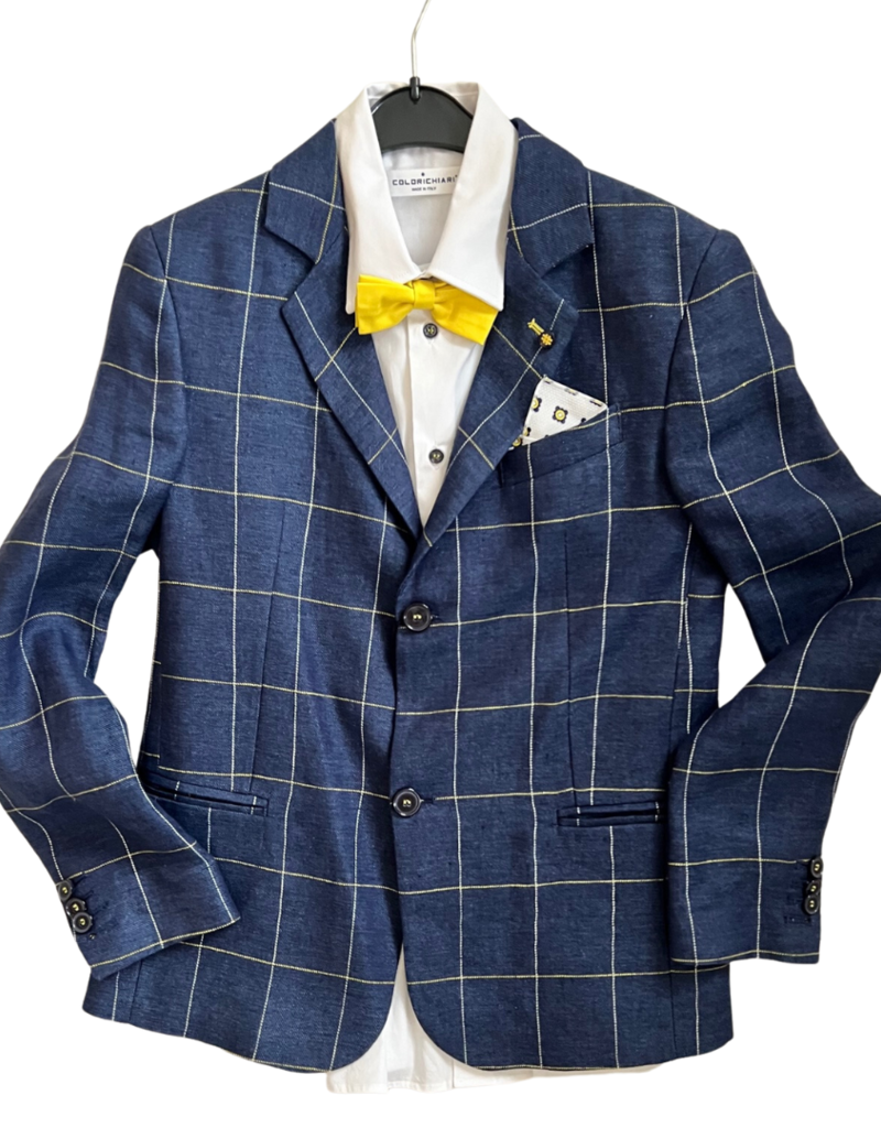 Colorichiari blazer blauw grote ruit geel hemd strik