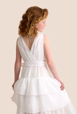 RTB lange gevoerde ecru jurk met 3 stroken plisse