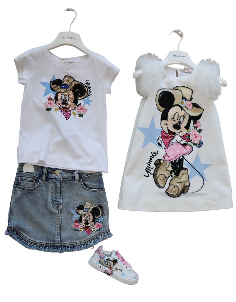 Monnalisa gevoerde witte crepe jurk met Minnie