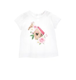 Monnalisa wit t-shirt met bloem en vogelhuisje