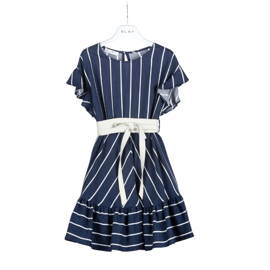 Elsy jurk blauw wit streep cientuur wit