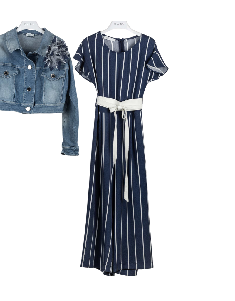 Elsy jumpsuit streep blauw wit ceintuur wit