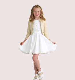 Diamante Blu wijde mouwloze ecru jurk met gouddetail in taille