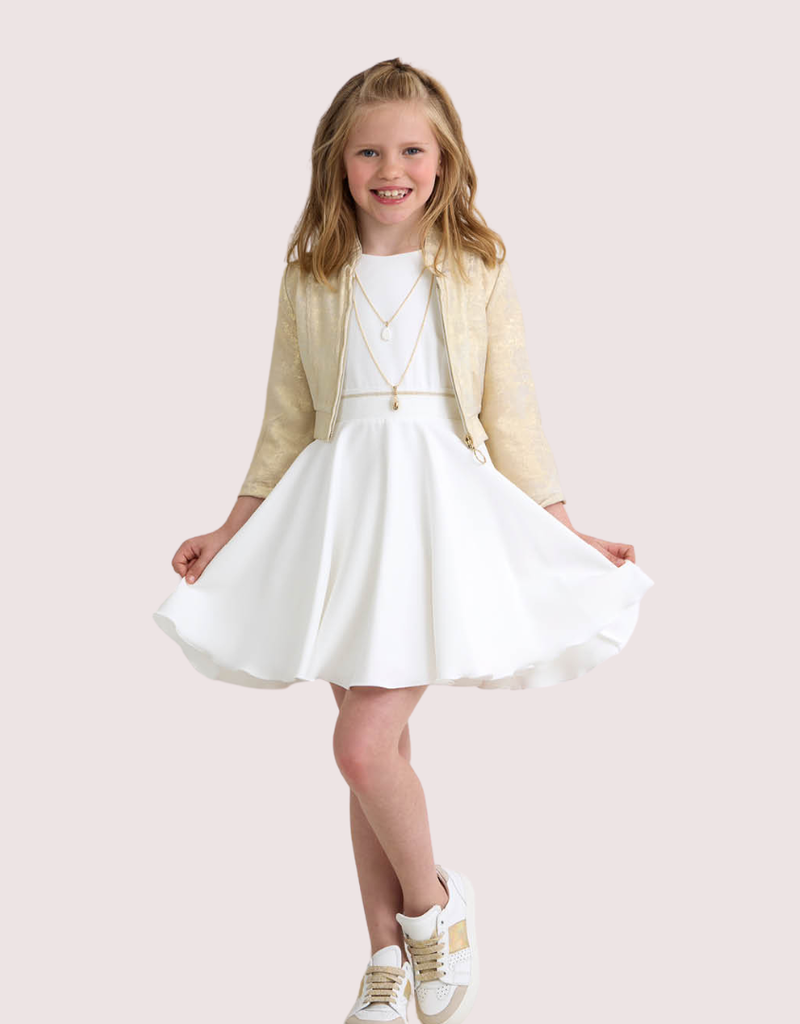 Diamante Blu wijde mouwloze ecru jurk met gouddetail in taille