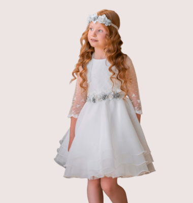 Mimilu ecru voile jurk met ¾ kanten mouw
