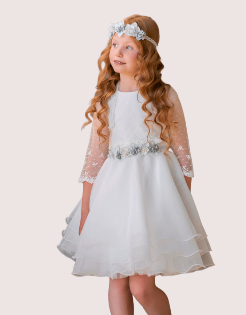 Mimilu ecru voile jurk met ¾ kanten mouw