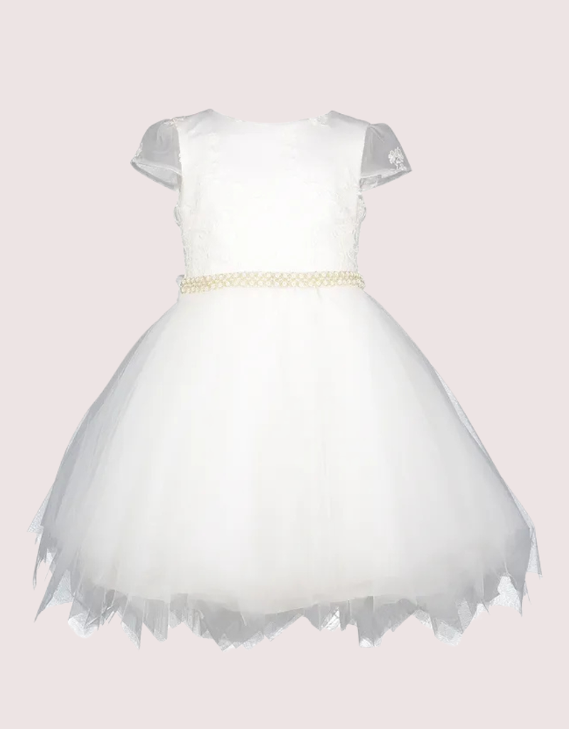 Miss Leod jurk met jacquard top en wijde tule rok met parelceintuur