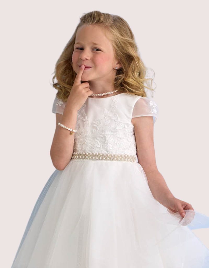 Miss Leod jurk met jacquard top en wijde tule rok met parelceintuur