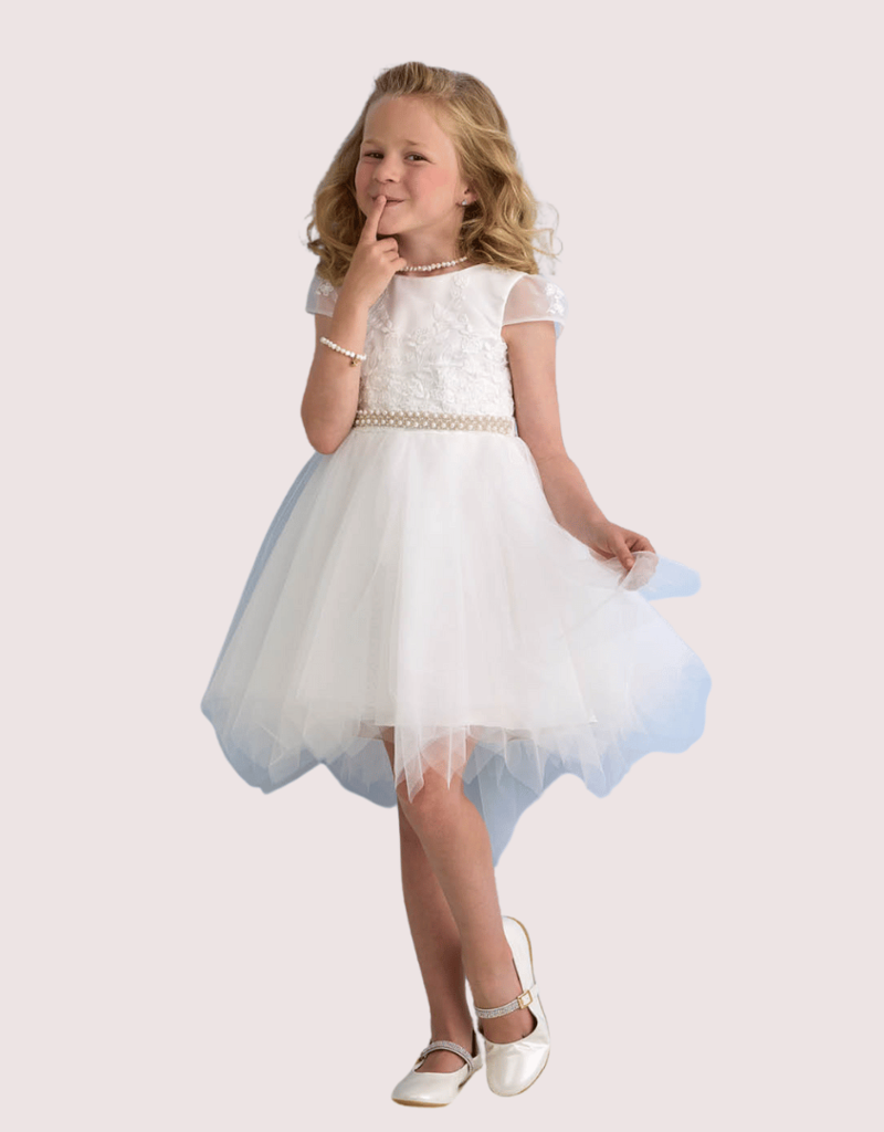Miss Leod jurk met jacquard top en wijde tule rok met parelceintuur