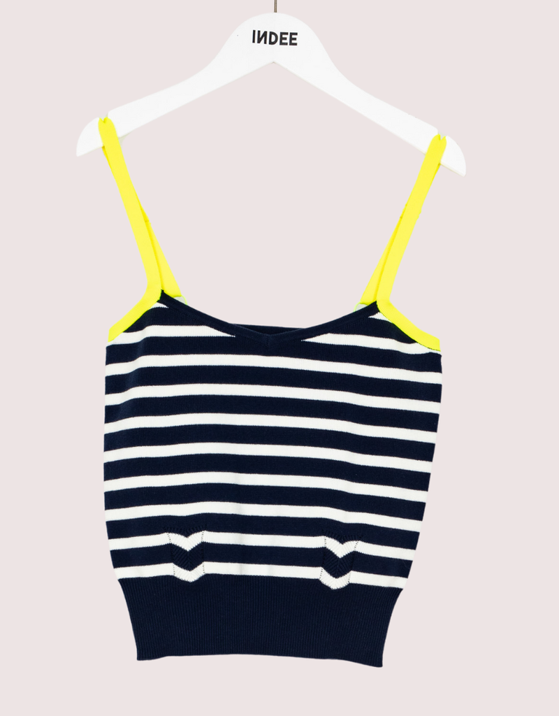 Indee gebreide blauw witte streep top slovernia met gele bandjes