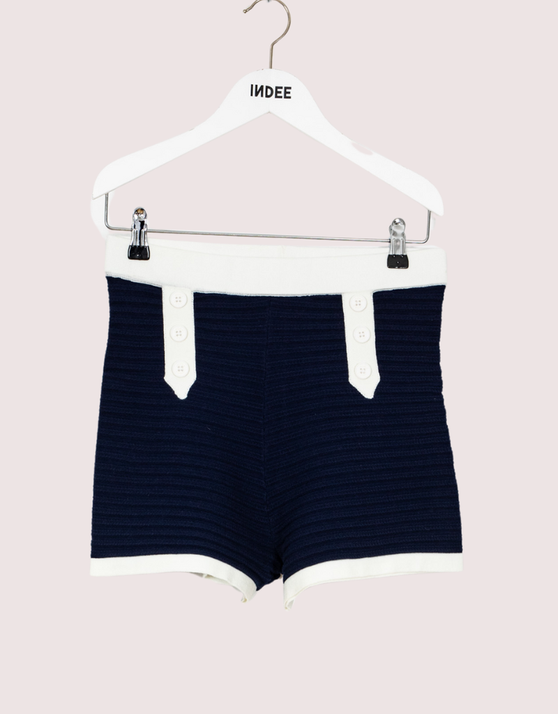 Indee donkerblauw gebreid short sofia met witte bies