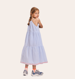 Ao76 lange gestreepte katoenen jurk in blauw wit chui