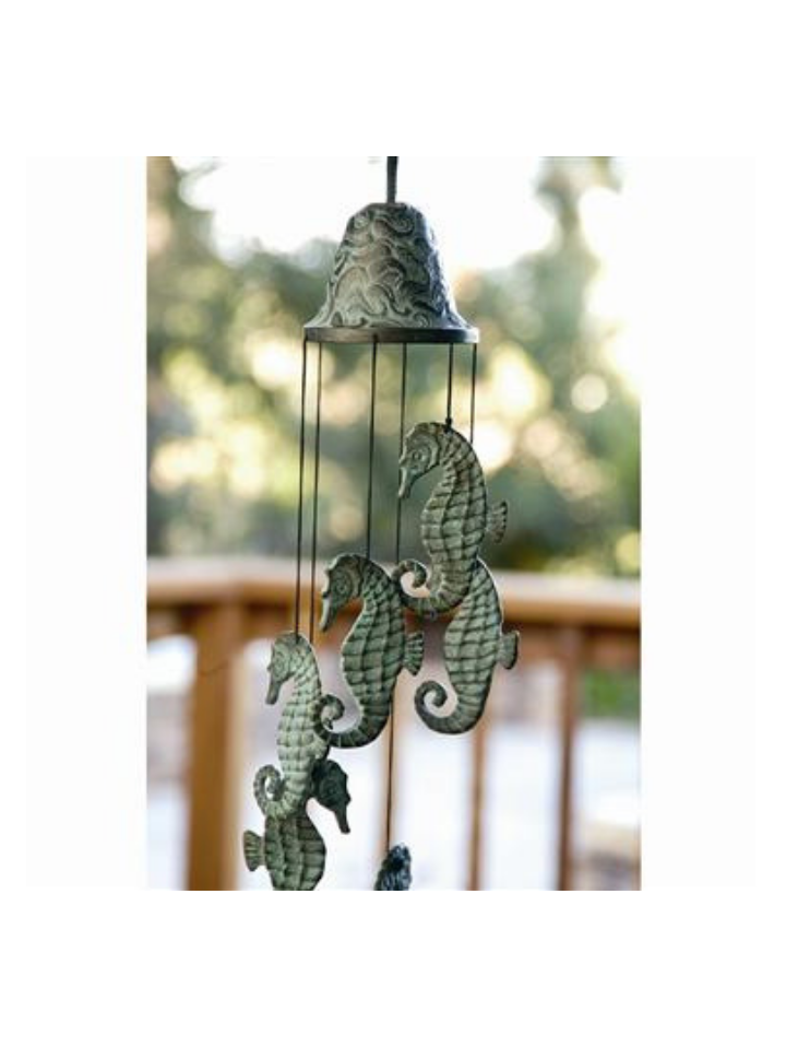 Beach Wind Chime Cast Iron Coastal Decor In Rustic Blue Seahorse Wind Bell