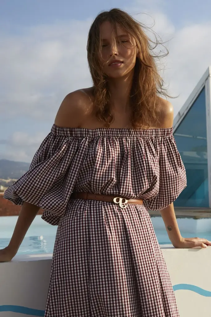 Checked Off Shoulder Dress