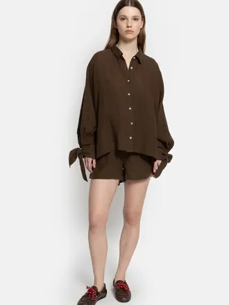 Chocolate Brown shirt bow sleeves linen