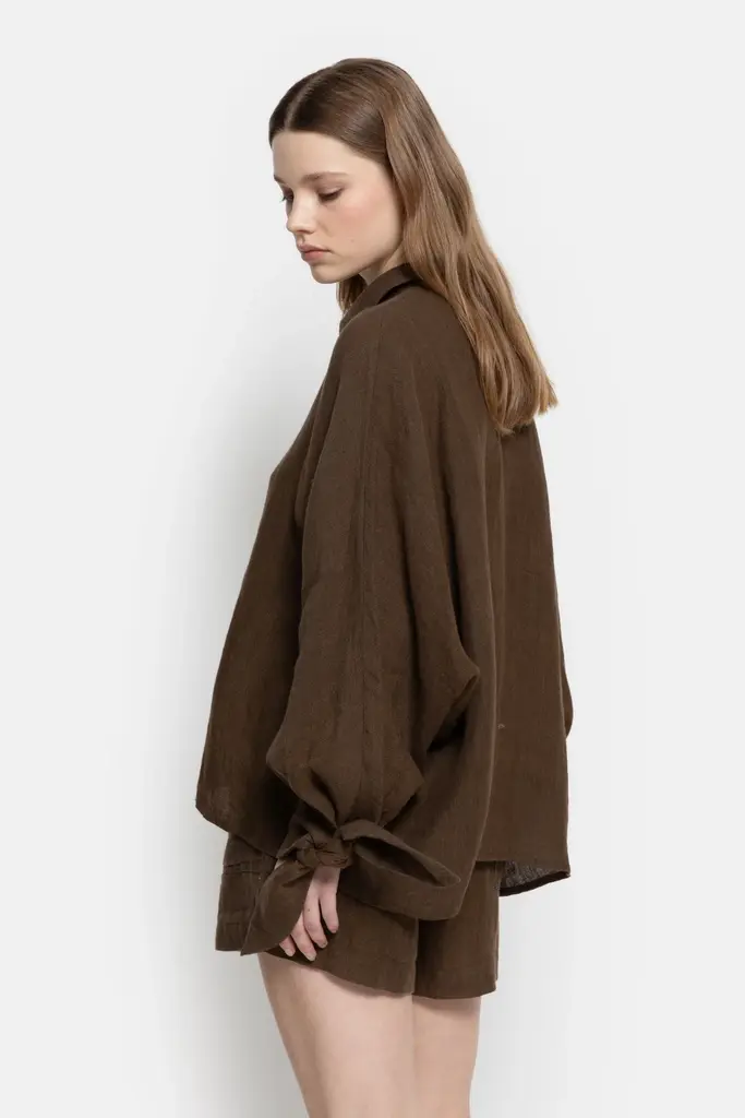 Chocolate Brown shirt bow sleeves linen