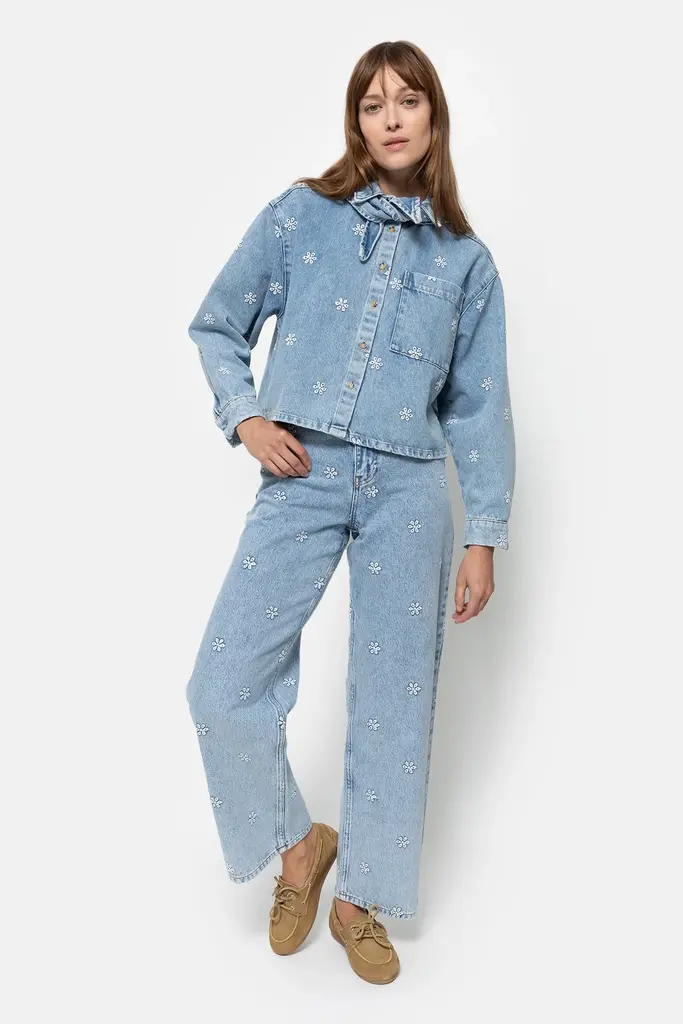 Denim scarf embroidered shirt