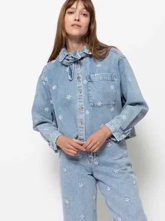 Denim scarf embroidered shirt
