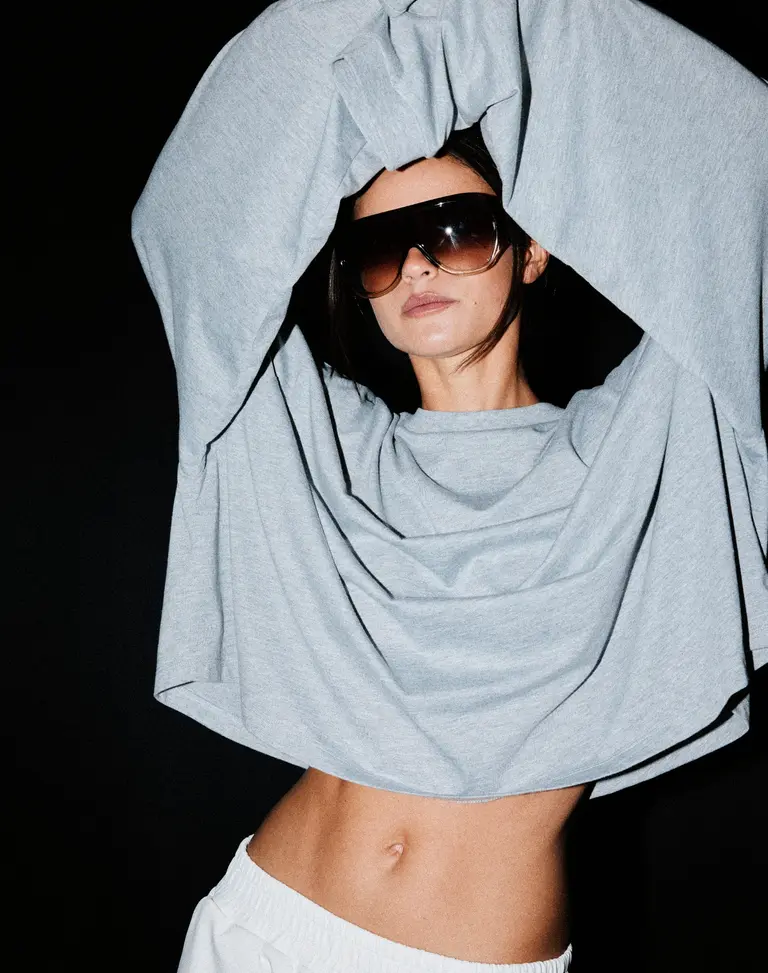 Double sunset Cropped long T grey