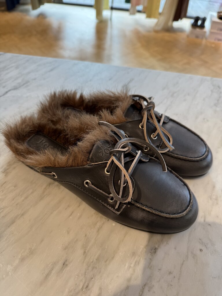 Posa Boat Loafer Mule Hairy Fur - Box Leather
