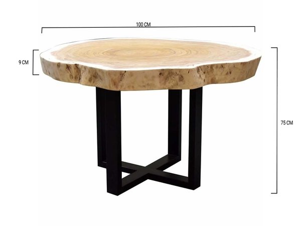 AVH-Collectie Boomstamtafel 100xH75 cm rond roestvrij stalen poten - bladdikte 9 cm AVH-Collectie Boomstamtafel 100xH75 cm rond roestvrij stalen poten - bladdikte 9 cm