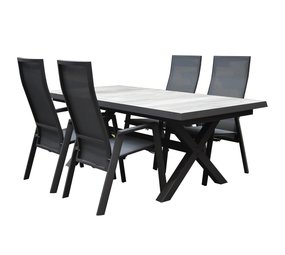 AVH-Collectie Nancy New Delhi dining tuinset uitschuifbaar 204-264x103xH74,5 cm 5 delig verstelbaar AVH-Collectie Nancy New Delhi dining tuinset uitschuifbaar 204-264x103xH74,5 cm 5 delig verstelbaar